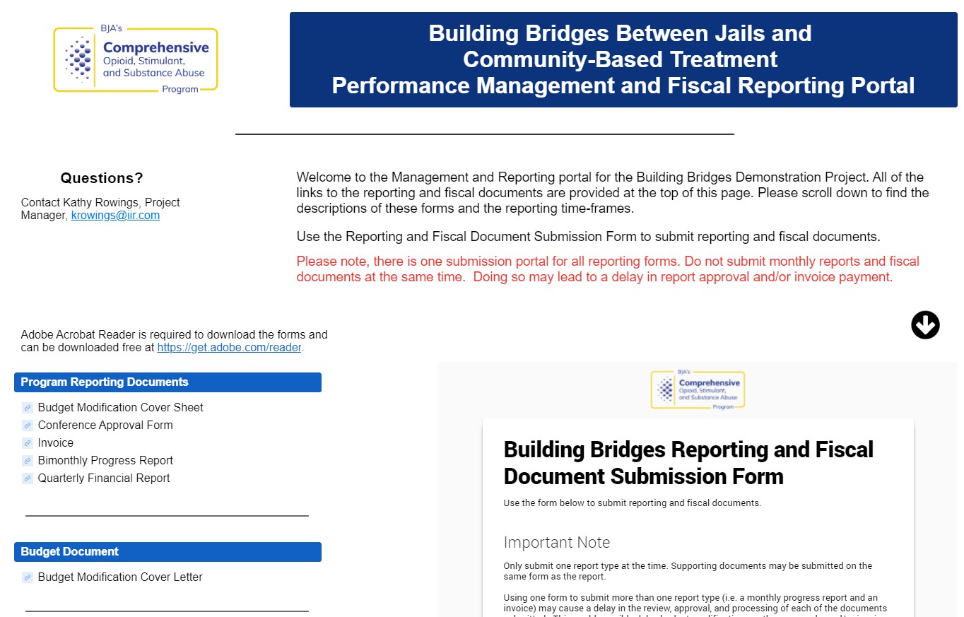 Screenshot of Building Bridges Between Jails and Community-Based Treatment Performance Management and Fiscal Reporting Portal