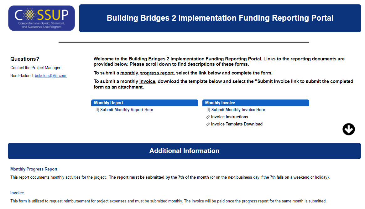 Screenshot of Building Bridges 2 Implementation Funding Reporting Portal