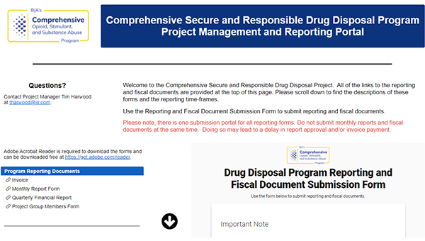 Screenshot of Comprehensive Secure and Responsible Drug Disposal Program Performance Management and Fiscal Reporting Portal