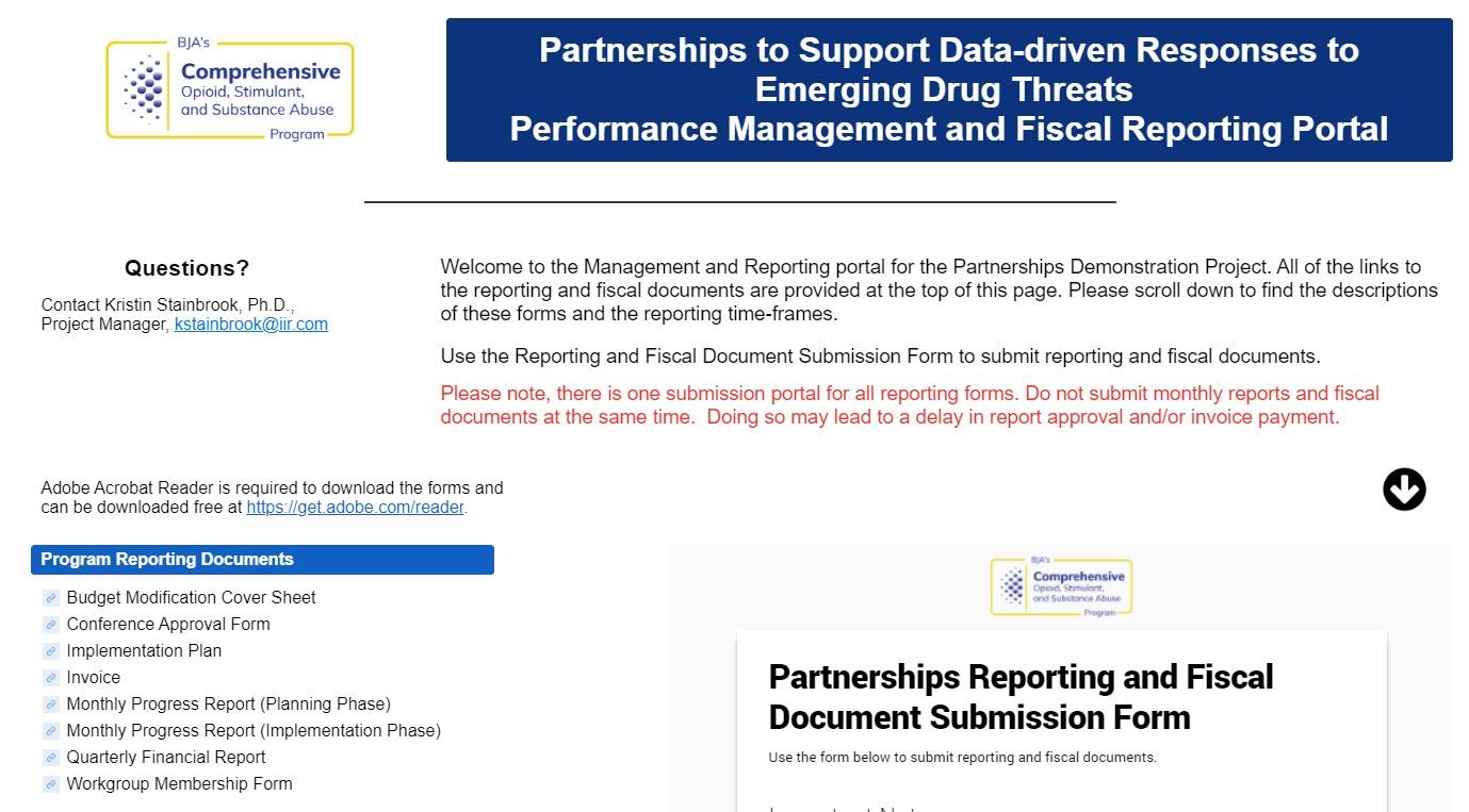 Screenshot of the Partnerships to Support Data-driven Responses to Emerging Drug Threats Grantee Portal