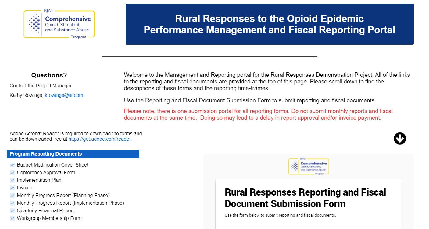 Screenshot of the Rural Responses to the Opioid Epidemic Performance Management and Fiscal Reporting Portal