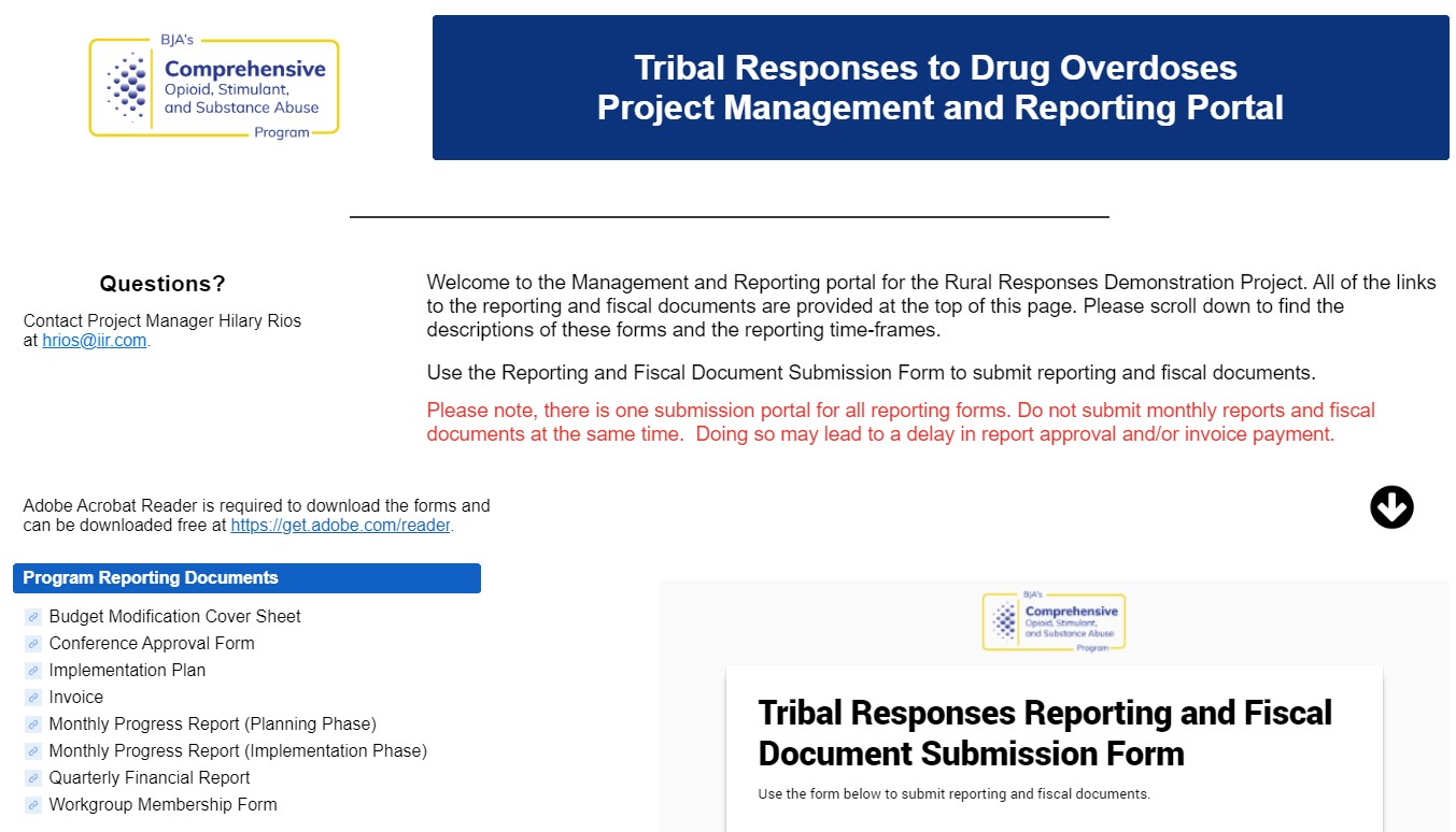 Screenshot of the Tribal Responses to the Opioid Epidemic Performance Management and Fiscal Reporting Portal